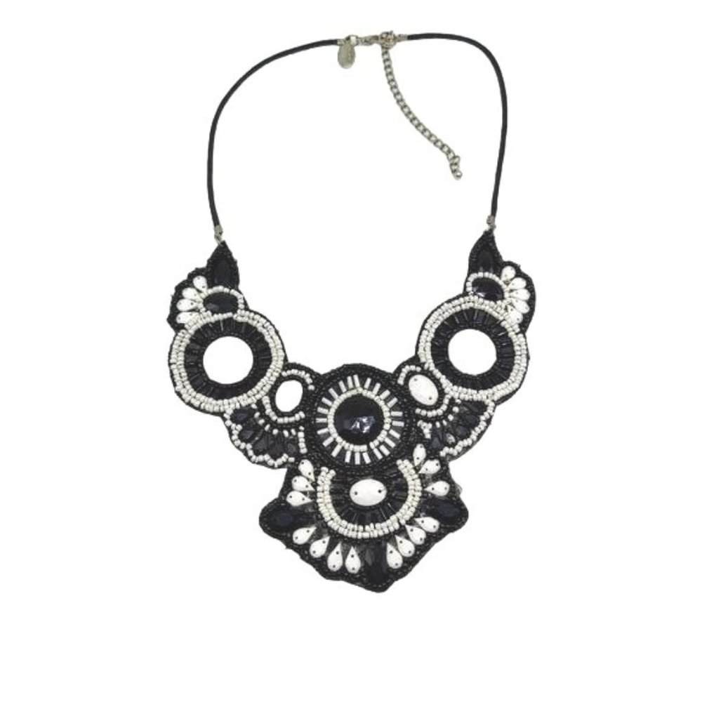 Spring Street  Black Seed Bead Rhinestone Collar Bib  Statement Necklace 6 x 6"
